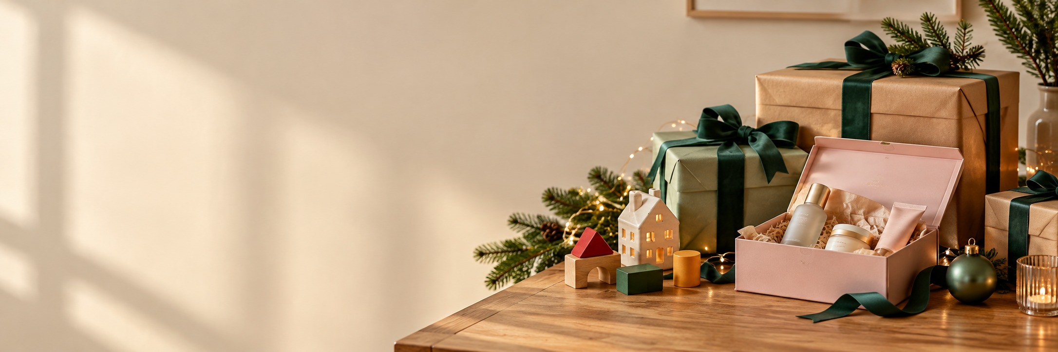 Verpakte cadeaus op een houten tafel