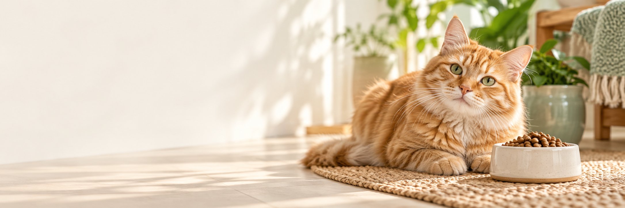Een ontspannen rode kat bij een gevulde voerbak