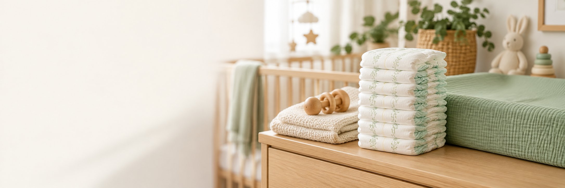 Luiers, een zachte deken en een houten speeltje op een commode, zonder kinderen in beeld